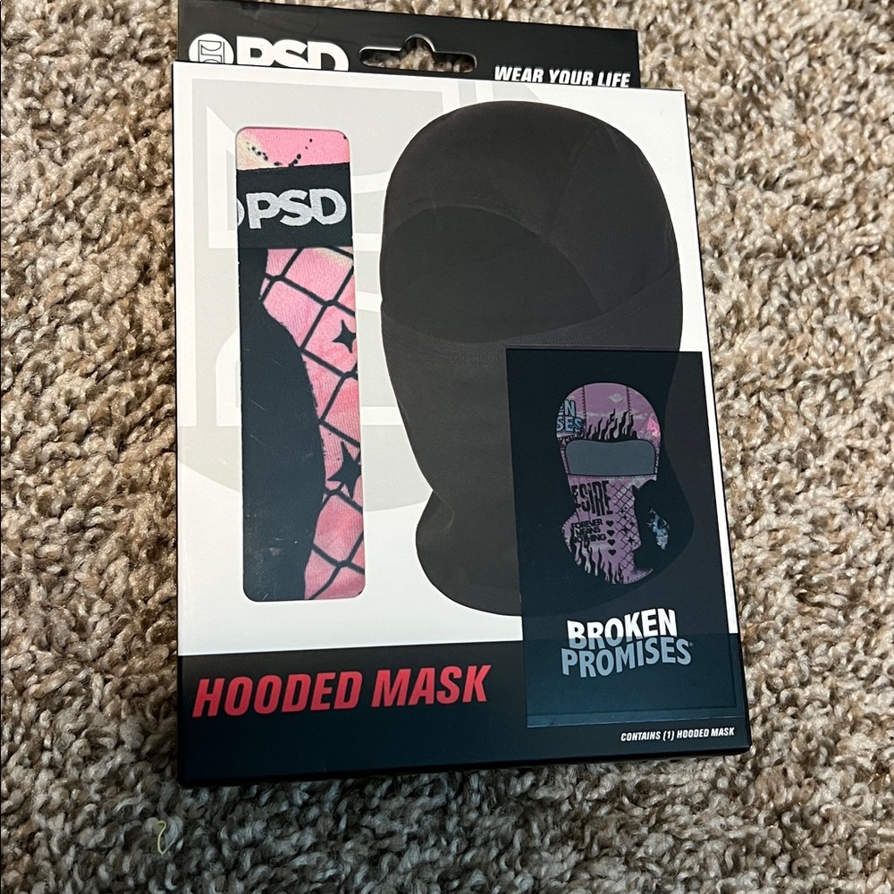 PSD Pink and Black Hooded Mask with Graphic Design